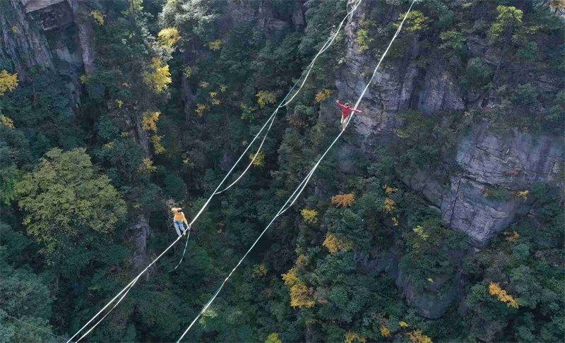 Les concurrents de slackline s'affrontent à 1 000 m d'altitude, au sommet des pics des forêts du site de Wulingyuan, dans le Hunan