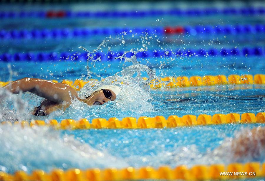 La Chinoise Ye Shiwen, lors de la finale du 200 m quatre nages, au quatrième jour des Championnats du monde de natation en petit bassin, à Istanbul, en Turquie, le 15 décembre 2012. Ye Shiwen a remporté le titre en réalisant un temps de 2 minutes et 4,64 secondes.