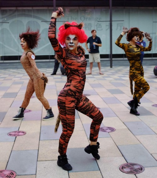 Des bénévoles en costumes de chien jouent lors d'une manifestation destinée à faire la promotion de l'amour des chiens, dans le quartier de Sanlitun à Beijing, le 20 juin 2013. Les amateurs de chiens et les militants des droits des animaux ont appelé à l'annulation d'un festival annuel de la viande de chien qui aura lieu le vendredi à Yulin, dans la Région Autonome Zhuang du Guangxi, car ils s'inquiètent de la cruauté envers les animaux et de la sécurité alimentaire. [photo / agences]